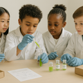 children doing stem kit experiment with Algreen Stem Kit