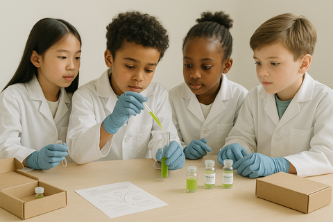 children doing stem kit experiment with Algreen Stem Kit